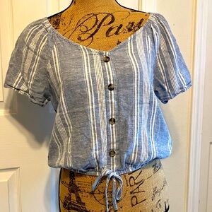 Wallflower linen striped crop top flutter sleeve button front elastic waist L